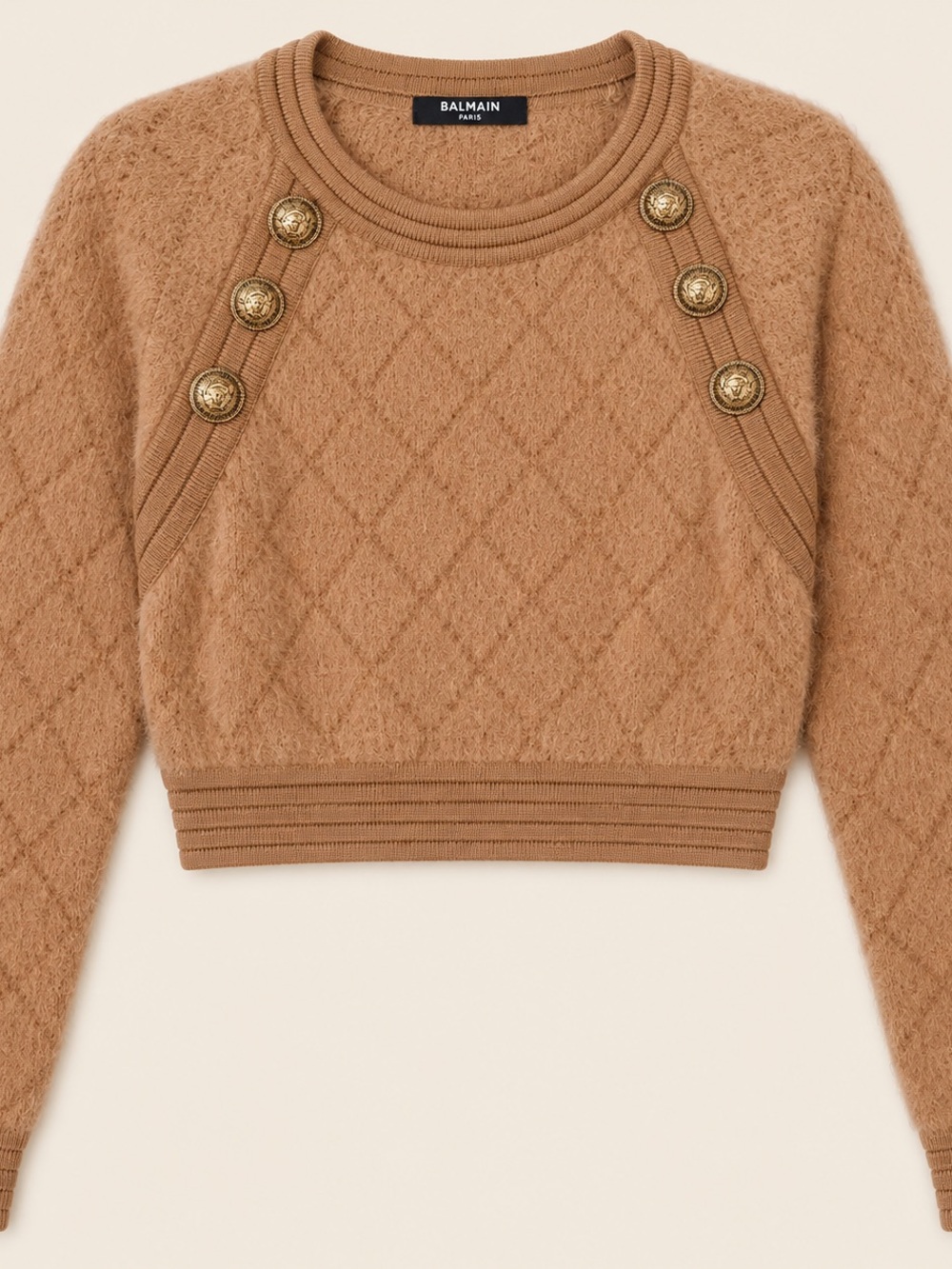Balmain Camel Diamond-Knit Cropped Sweater with Gold Buttons